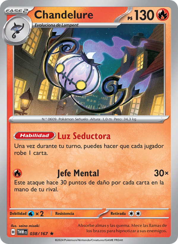 Chandelure 038 — Mascarada Crepuscular (Spanish Pokémon TCG card)