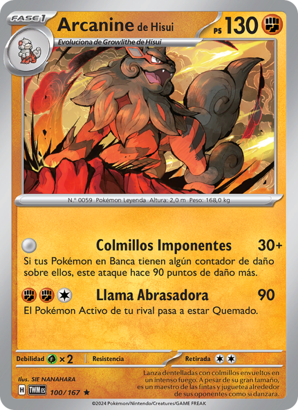 Arcanine de Hisui 100 — Mascarada Crepuscular (Spanish Pokémon TCG card)