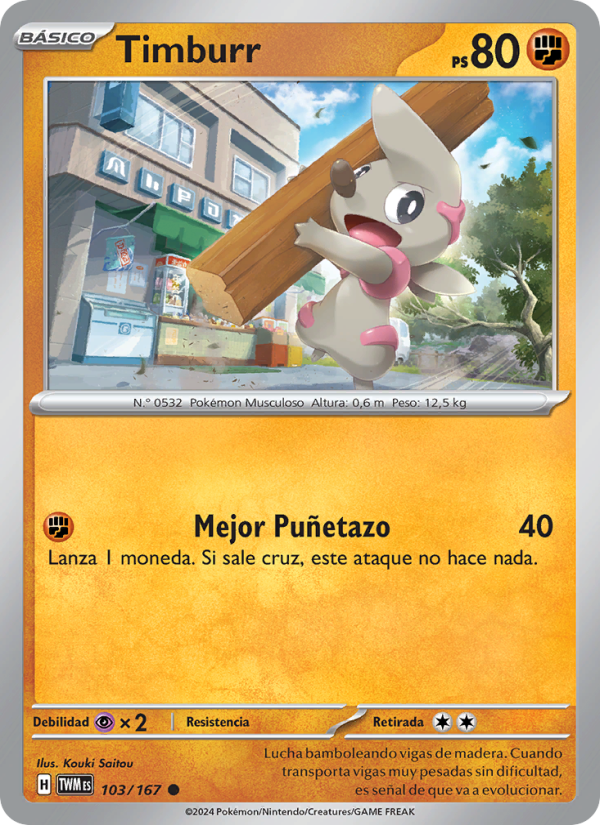 Timburr 103 — Mascarada Crepuscular (Spanish Pokémon TCG card)