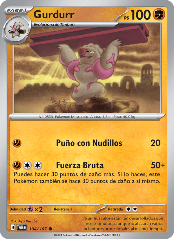 Gurdurr 104 — Mascarada Crepuscular (Spanish Pokémon TCG card)