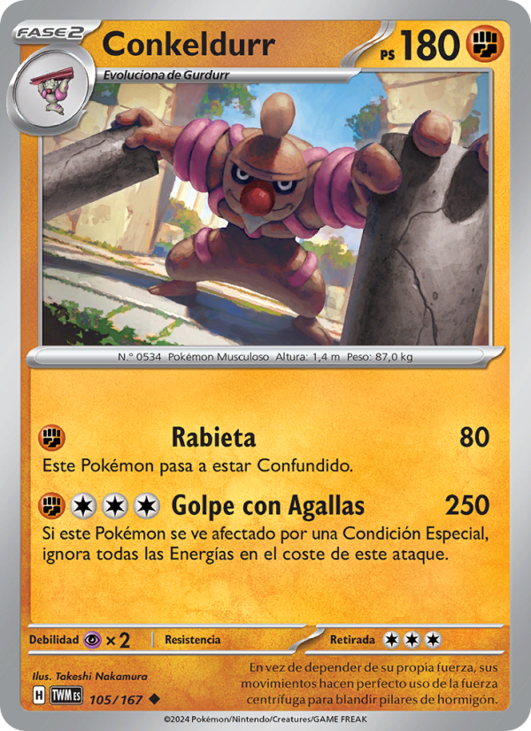 Conkeldurr 105 — Mascarada Crepuscular (Spanish Pokémon TCG card)