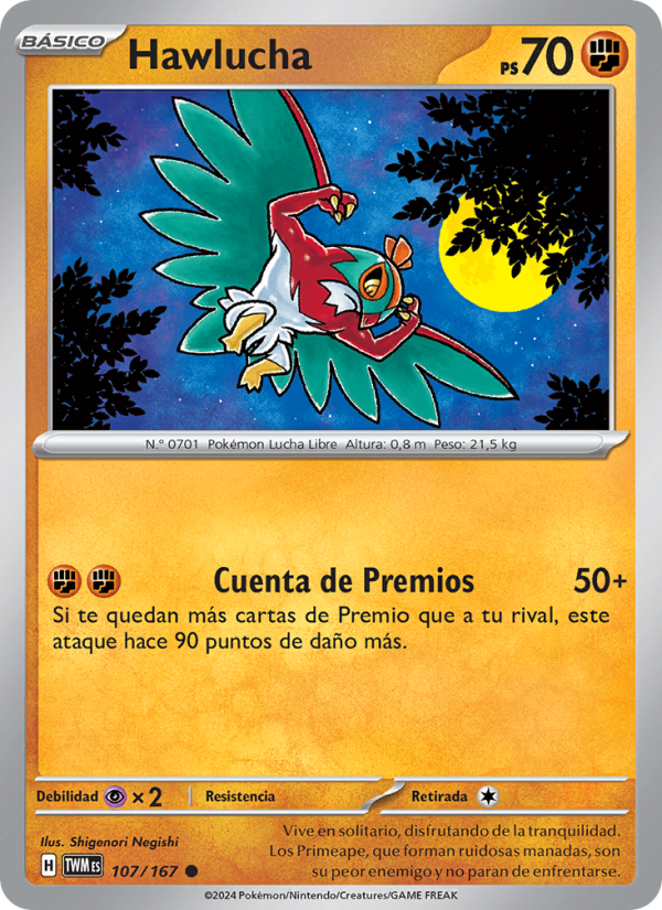 Hawlucha 107 — Mascarada Crepuscular (Spanish Pokémon TCG card)