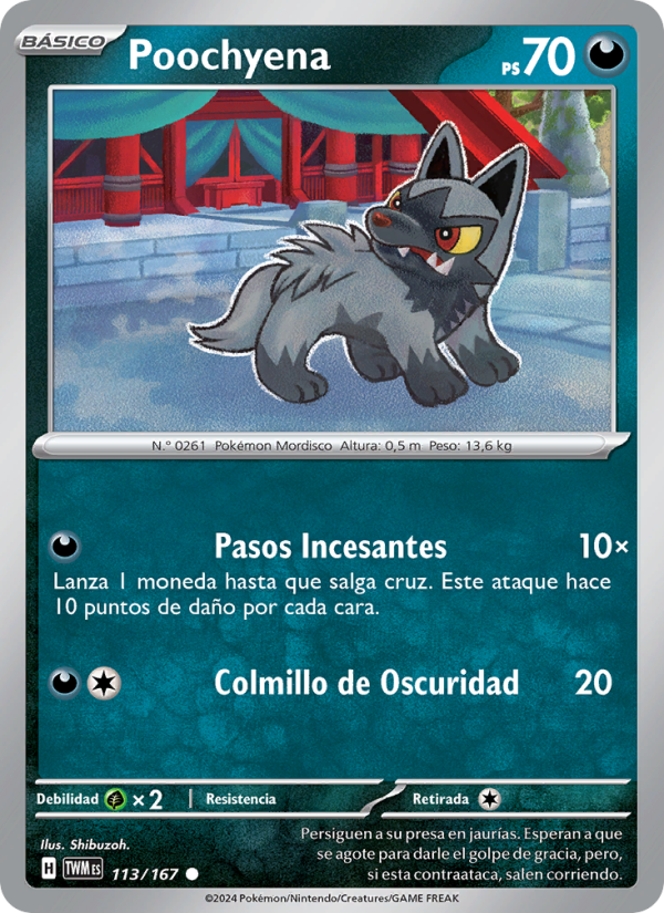 Poochyena 113 — Mascarada Crepuscular (Spanish Pokémon TCG card)