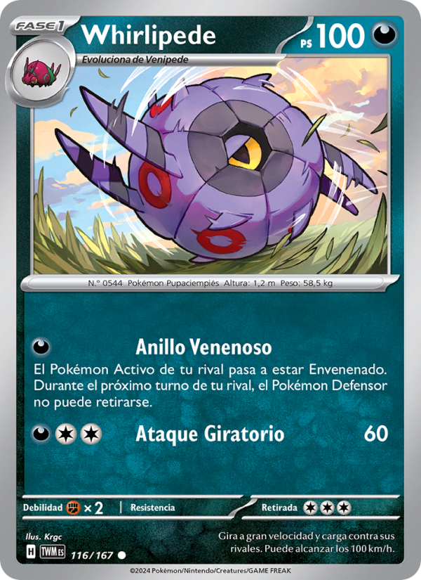 Whirlipede 116 — Mascarada Crepuscular (Spanish Pokémon TCG card)