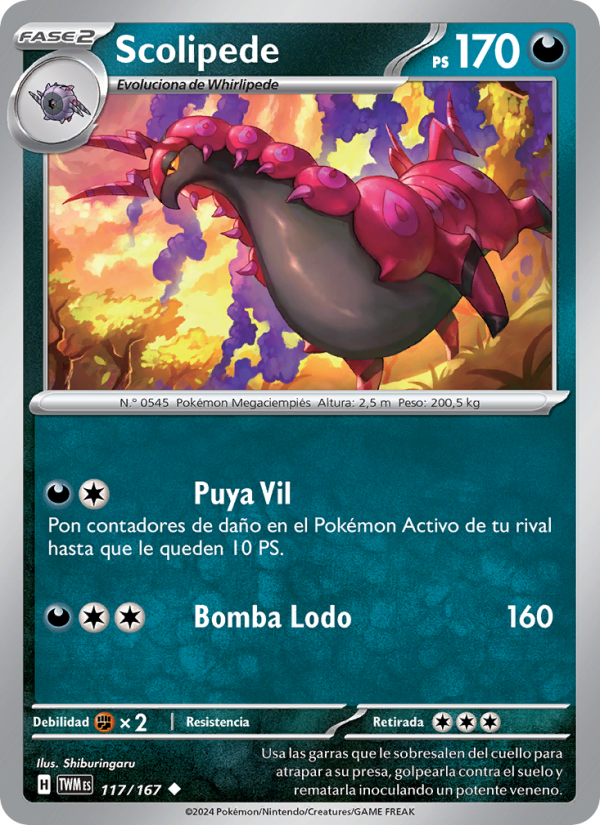 Scolipede 117 — Mascarada Crepuscular (Spanish Pokémon TCG card)