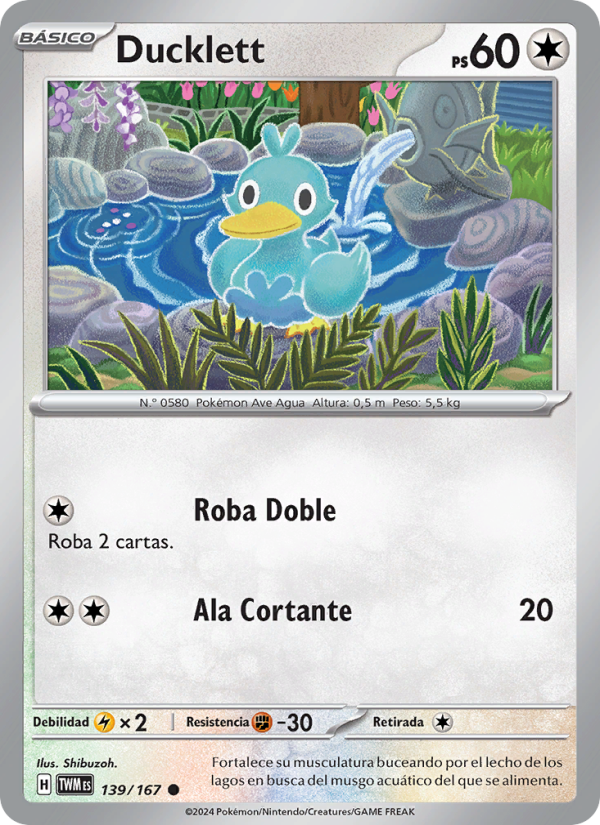 Ducklett 139 — Mascarada Crepuscular (Spanish Pokémon TCG card)