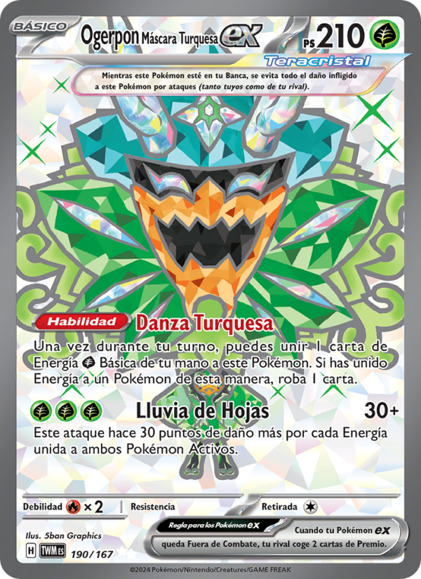 Ogerpon Máscara Turquesa ex 190 — Mascarada Crepuscular (Spanish Pokémon TCG card)