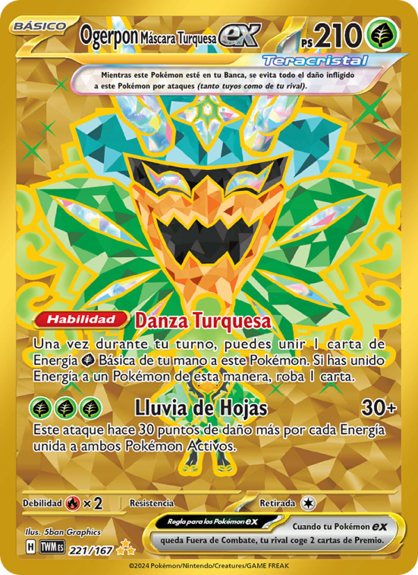 Ogerpon Máscara Turquesa ex 221 — Mascarada Crepuscular (Spanish Pokémon TCG card)