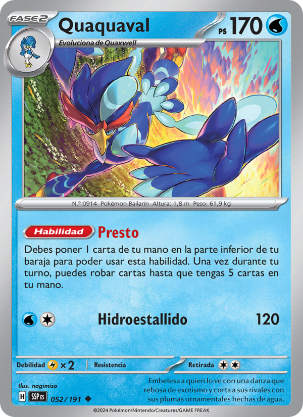 Quaquaval 052 — Chispas Fulgurantes (Spanish Pokémon TCG card)