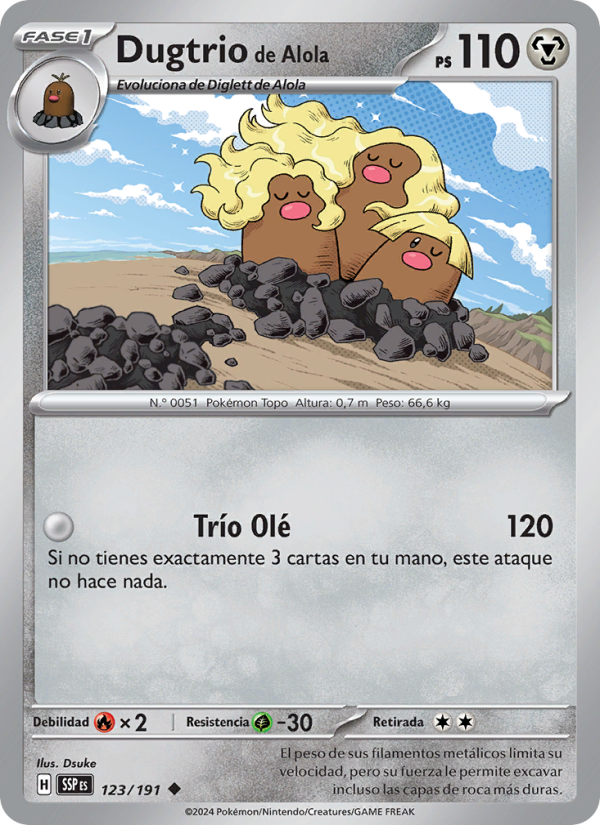 Dugtrio de Alola 123 — Chispas Fulgurantes (Spanish Pokémon TCG card)