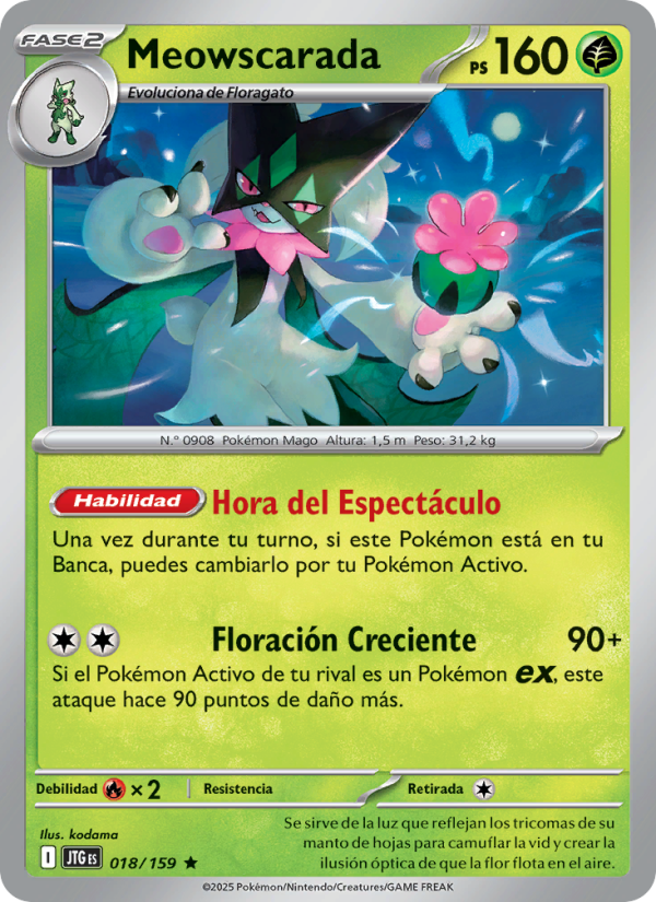 Meowscarada 018 — Juntos de Aventuras (Spanish Pokémon TCG card)