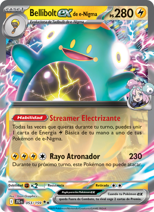 Bellibolt ex de e-Nigma 053 — Juntos de Aventuras (Spanish Pokémon TCG card)
