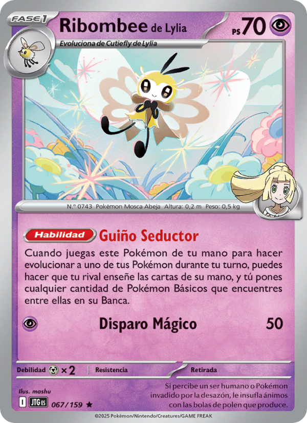 Ribombee de Lylia 067 — Juntos de Aventuras (Spanish Pokémon TCG card)