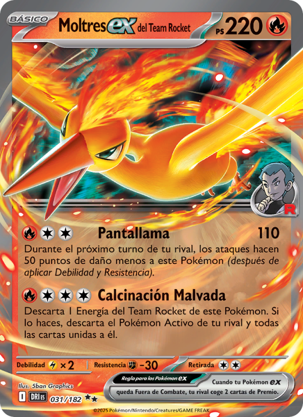 Moltres ex del Team Rocket 031 — Rivales Predestinados (Spanish Pokémon TCG card)