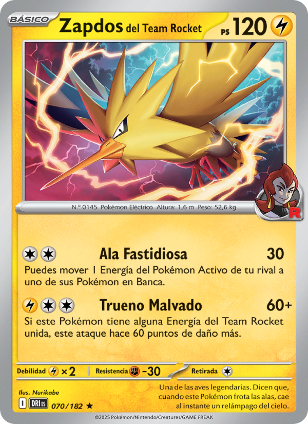 Zapdos del Team Rocket 070 — Rivales Predestinados (Spanish Pokémon TCG card)