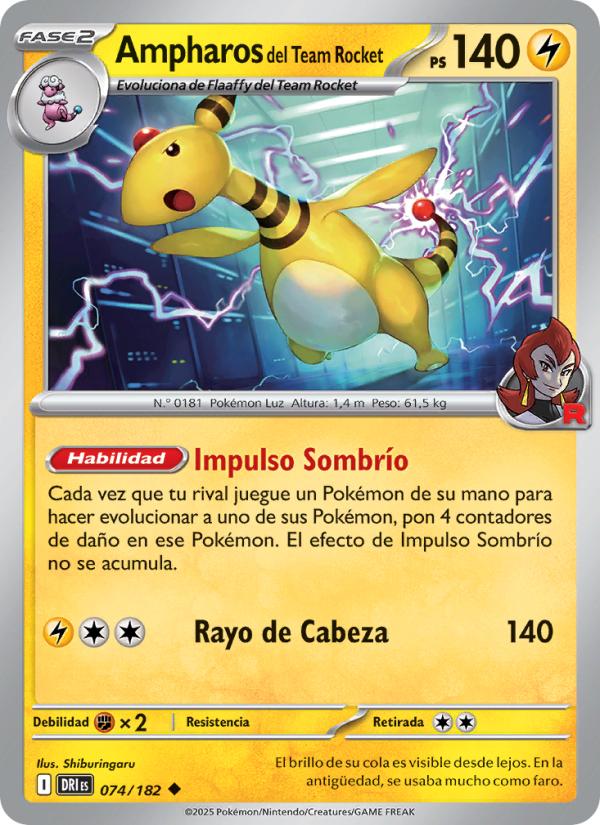 Ampharos del Team Rocket 074 — Rivales Predestinados (Spanish Pokémon TCG card)