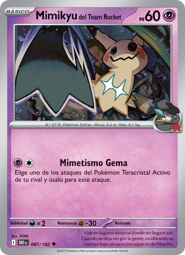 Mimikyu del Team Rocket 087 — Rivales Predestinados (Spanish Pokémon TCG card)