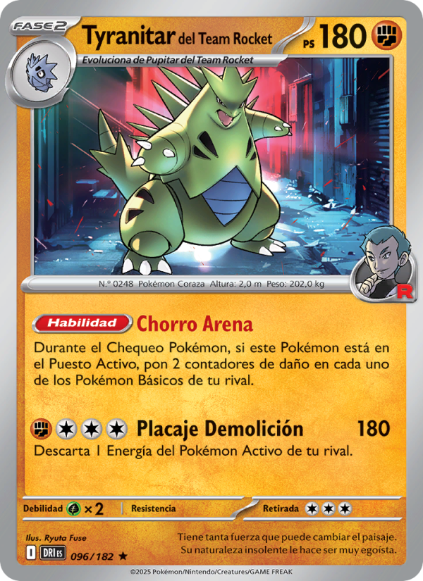 Tyranitar del Team Rocket 096 — Rivales Predestinados (Spanish Pokémon TCG card)