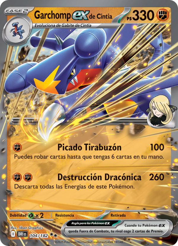Garchomp ex de Cintia 104 — Rivales Predestinados (Spanish Pokémon TCG card)