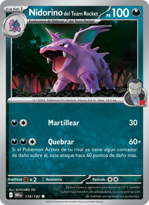 Nidorino del Team Rocket 118 — Rivales Predestinados (Spanish Pokémon TCG card)