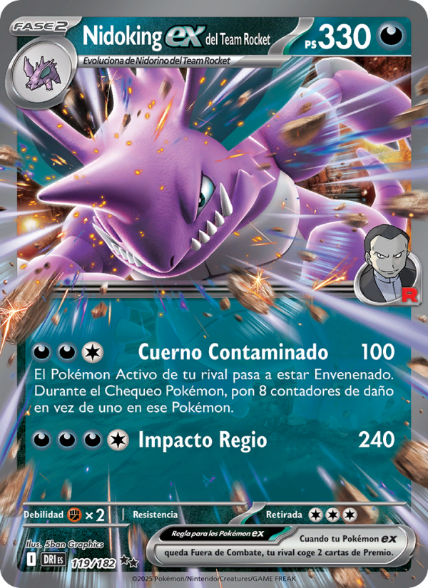 Nidoking ex del Team Rocket 119 — Rivales Predestinados (Spanish Pokémon TCG card)