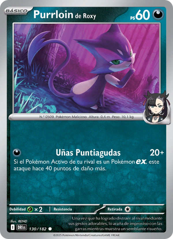 Purrloin de Roxy 130 — Rivales Predestinados (Spanish Pokémon TCG card)