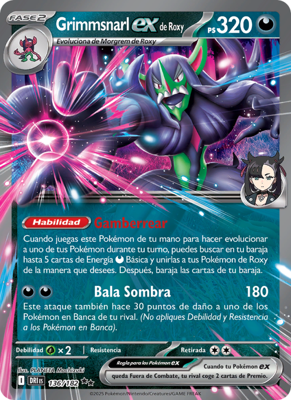 Grimmsnarl ex de Roxy 136 — Rivales Predestinados (Spanish Pokémon TCG card)