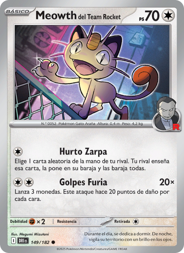 Meowth del Team Rocket 149 — Rivales Predestinados (Spanish Pokémon TCG card)