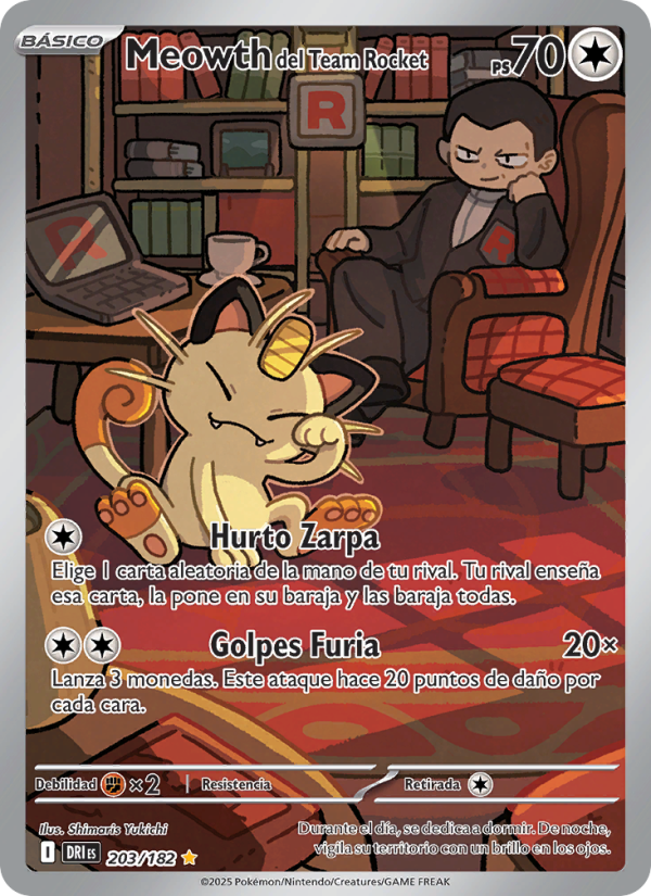 Meowth del Team Rocket 203 — Rivales Predestinados (Spanish Pokémon TCG card)