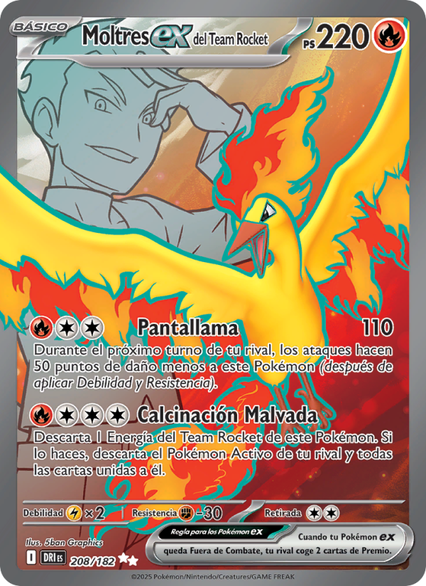 Moltres ex del Team Rocket 208 — Rivales Predestinados (Spanish Pokémon TCG card)