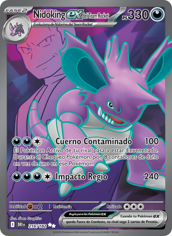 Nidoking ex del Team Rocket 216 — Rivales Predestinados (Spanish Pokémon TCG card)