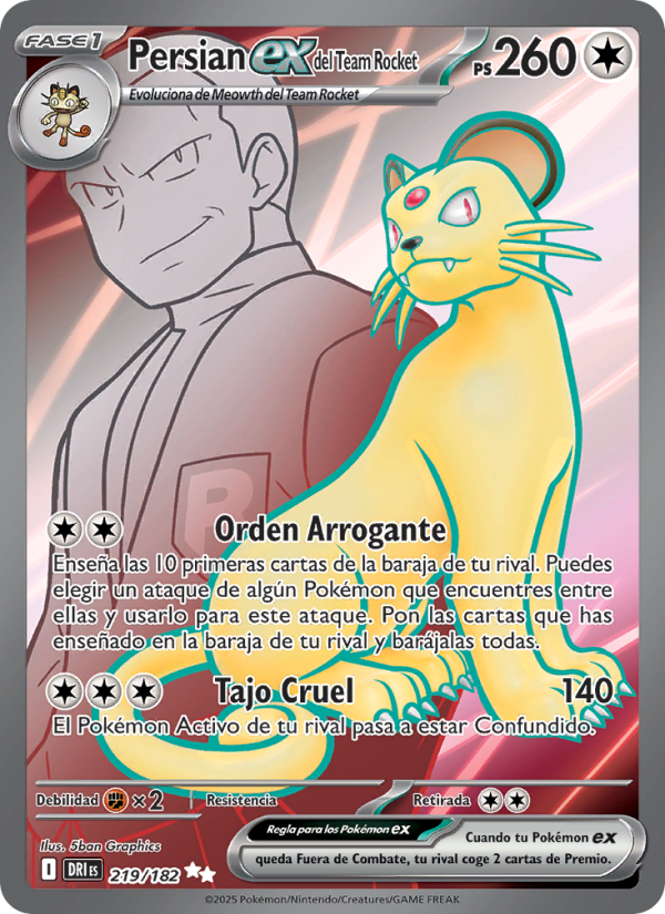 Persian ex del Team Rocket 219 — Rivales Predestinados (Spanish Pokémon TCG card)