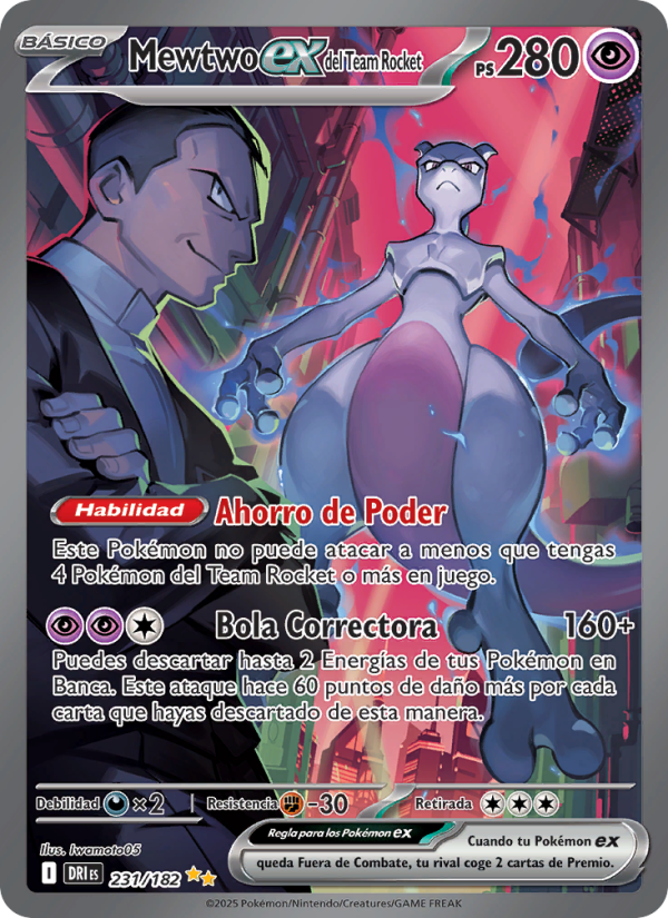 Mewtwo ex del Team Rocket 231 — Rivales Predestinados (Spanish Pokémon TCG card)