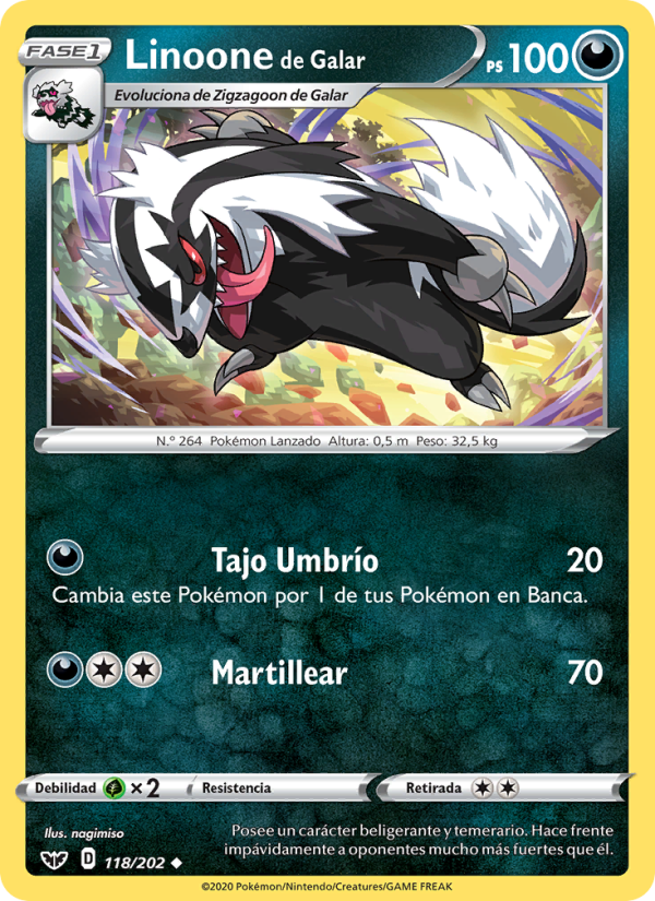 Linoone de Galar 118 — Espada y Escudo (Spanish Pokémon TCG card)