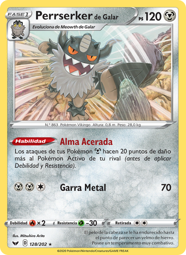 Perrserker de Galar 128 — Espada y Escudo (Spanish Pokémon TCG card)
