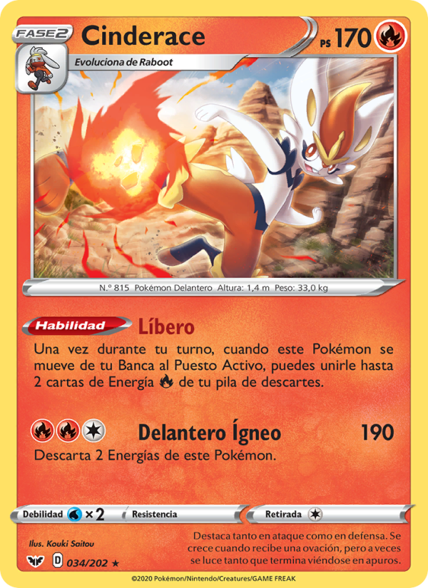 Cinderace 34 — Espada y Escudo (Spanish Pokémon TCG card)