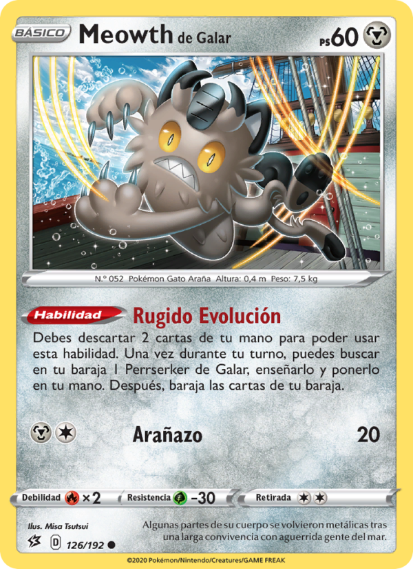Meowth de Galar 126 — Choque Rebelde (Spanish Pokémon TCG card)