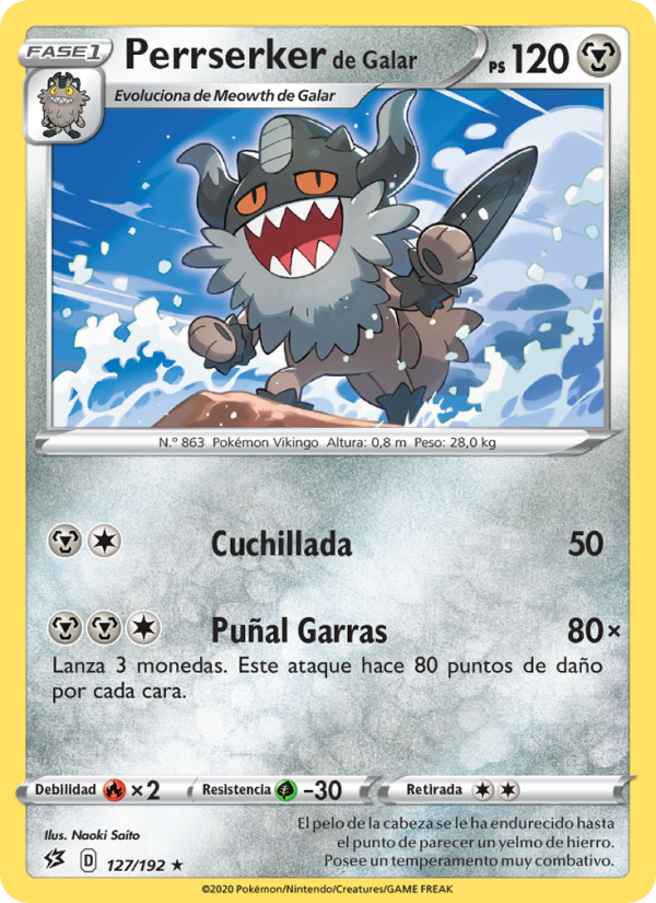 Perrserker de Galar 127 — Choque Rebelde (Spanish Pokémon TCG card)