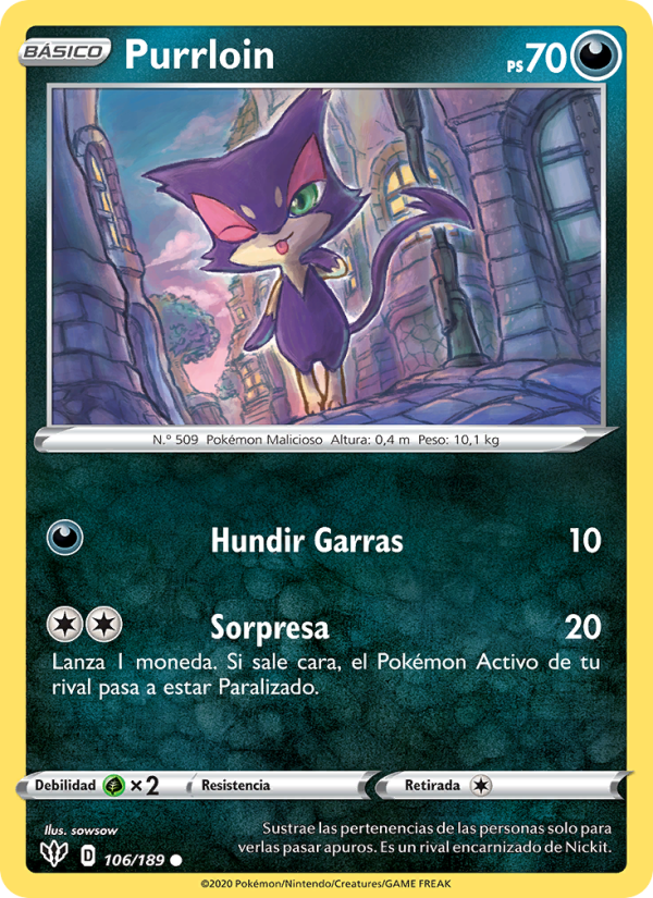 Purrloin 106 — Oscuridad Incandescente (Spanish Pokémon TCG card)