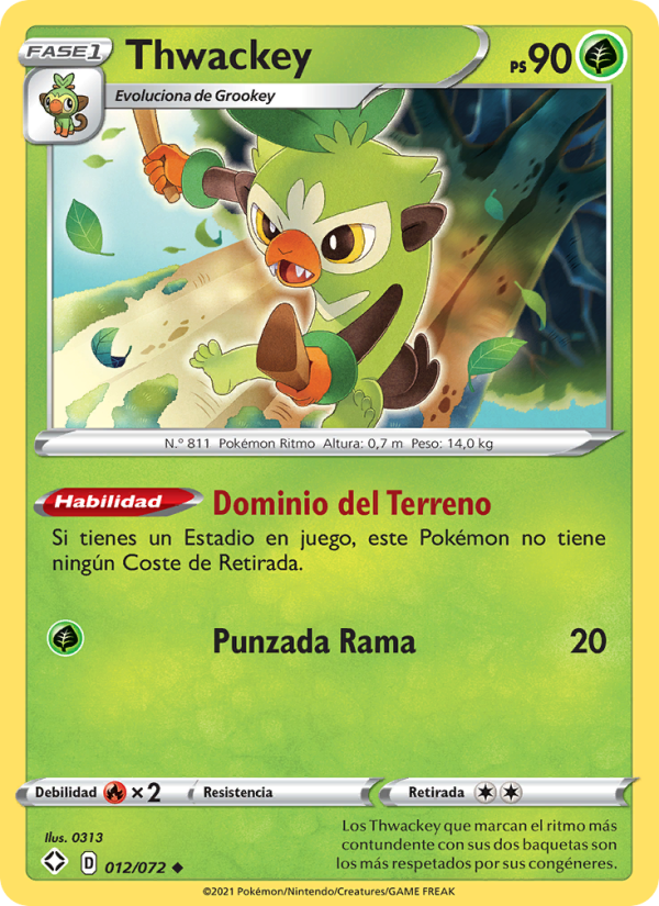 Thwackey 12 — Destinos Brillantes (Spanish Pokémon TCG card)