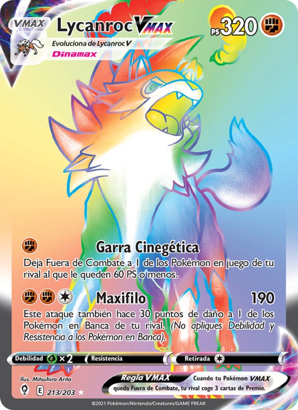 Lycanroc VMAX 213 — Cielos Evolutivos (Spanish Pokémon TCG card)