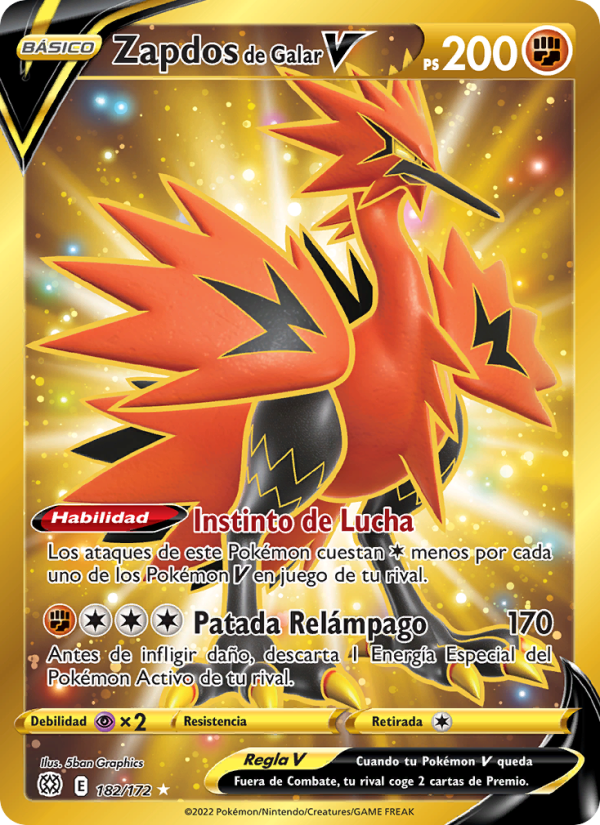 Zapdos de Galar V 182 — Astros Brillantes (Spanish Pokémon TCG card)