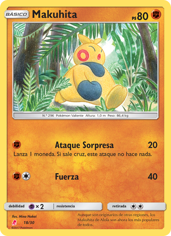 Makuhita 18 — Kit de Entrenador Sol y Luna (Lycanroc) (Spanish Pokémon TCG card)
