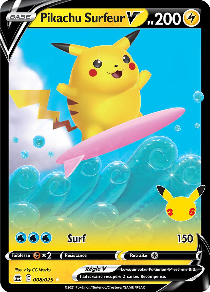 Pikachu Surfeur V 08/50 — Celebrations (French Pokémon TCG card)
