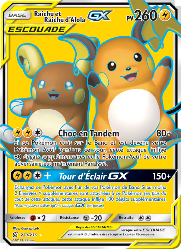 Raichu et Raichu d’Alola GX 220 — Harmonie des Esprits (French Pokémon TCG card)