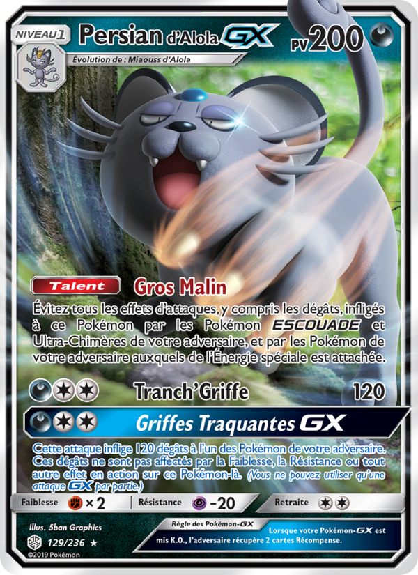 Persian d’Alola GX 129 — Éclipse Cosmique (French Pokémon TCG card)