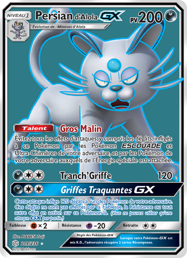 Persian d’Alola GX 219 — Éclipse Cosmique (French Pokémon TCG card)