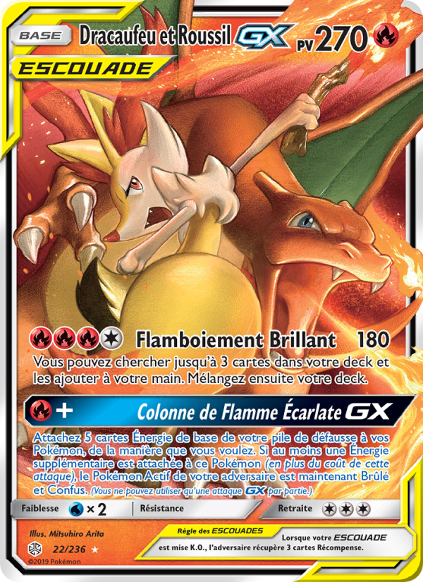 Dracaufeu et Roussil GX 22 — Éclipse Cosmique (French Pokémon TCG card)
