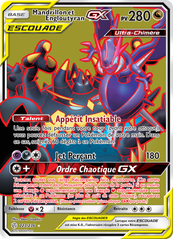 Mandrillon et Engloutyran GX 223 — Éclipse Cosmique (French Pokémon TCG card)