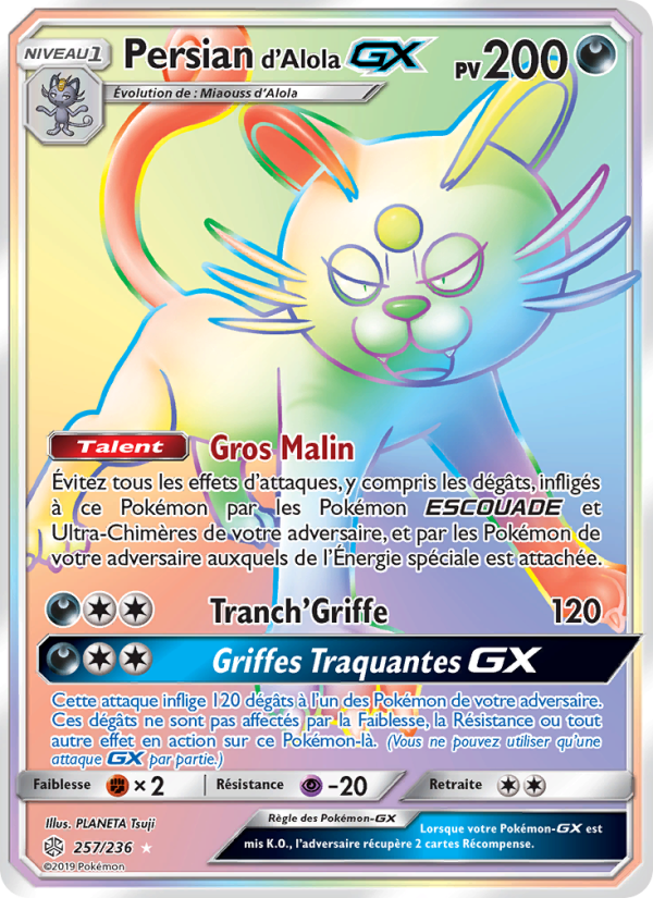 Persian d’Alola GX 257 — Éclipse Cosmique (French Pokémon TCG card)